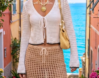 Modèle PDF de cardigan en maille au crochet, haut au crochet à nouer sur le devant, modèle de cardigan d'été, adapté aux débutants, XS-5XL, téléchargement numérique A4
