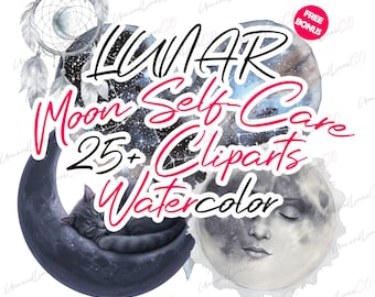 Watercolor Moon Clipart Bundle, Lunar Self-Care PNG SVG (Digital Download)