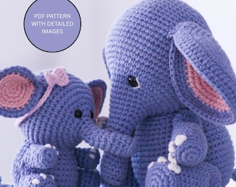 Elephant Crochet Pattern | Elephant Amigurumi PDF | Mommy & Baby Sitting Plush with Step-by-Step Photos