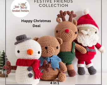 Christmas Crochet Pattern Bundle, Amigurumi Santa Snowman Reindeer Teddy, 4 in 1 Holiday Crochet PDF, Beginner Friendly Toy Pattern