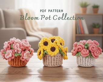 Flower Pot Coaster Crochet Pattern bundle – Sunflower, Peach Blossom & Rose Crochet Patterns