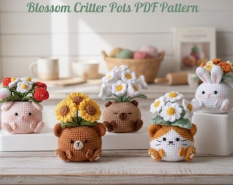 Blossom Critter Pots Crochet Pattern Bundle | Strawberry Pig, Bunny, Cat, Bear (PDF Download)
