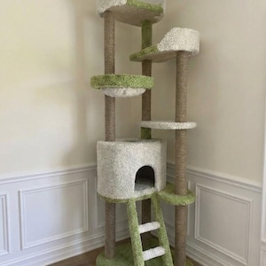 Könnte beinhalten: Ein mehrstöckiger Katzenbaum mit neutraler Farbgebung. Der Katzenbaum hat eine hellgrüne und cremefarbene Farbpalette mit mehreren Plattformen, einem Versteck und einer Leiter. Die Pfosten sind mit einem natürlichen Seilmaterial umwickelt.