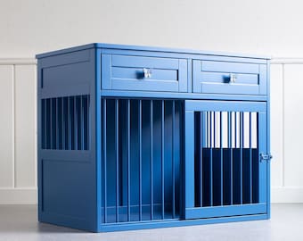 Jaula de madera azul para perros: perrera a medida con cajones