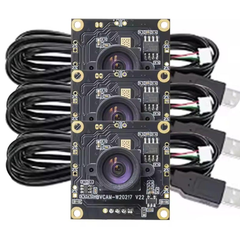 May include: Three black circuit boards with attached lenses, cables, and USB connectors. The boards have gold-coloured mounting holes and the text "HBVCAM-W20217 V22". The cables are black.