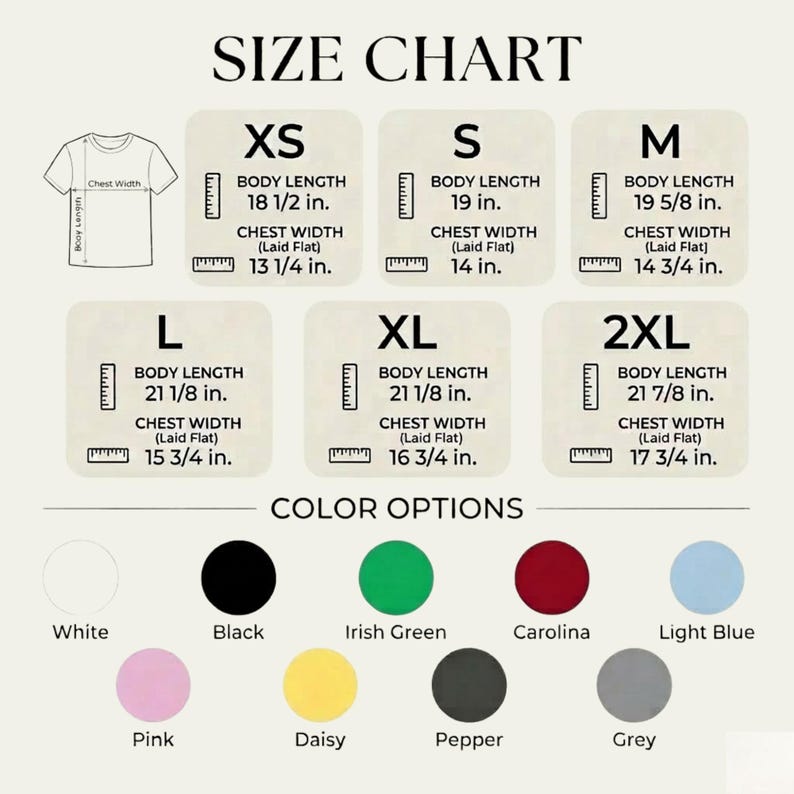 Peut inclure: Tableau des tailles avec mesures pour XS &agrave; 2XL. Les mesures de la longueur du corps varient de 47 cm &agrave; 55.5 cm. Les mesures de la largeur de la poitrine varient de 33.7 cm &agrave; 45.1 cm. Options de couleurs : blanc, noir et autres.