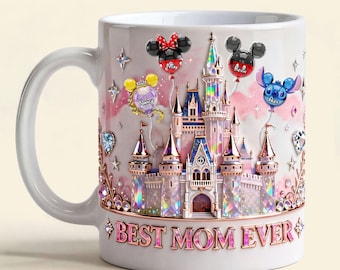 Bästa mamma någonsin slottsmugg, personlig Disney-inspirerad mammamugg med barnnamn, anpassad familjemugg, magisk mammapresent, mors dag-present