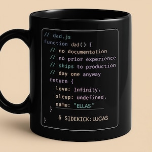 May include: Black ceramic mug with a white text design. The text includes code snippets and the words "ELLAS" and "LUCAS". The mug has a curved handle and a glossy finish. A fun gift for a programmer or a dad.