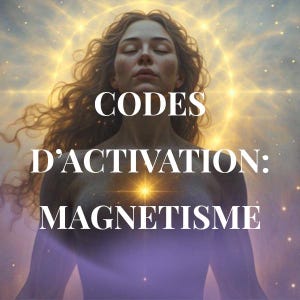 Può includere: Immagine artistica di una donna con lunghi capelli fluenti, occhi chiusi, su uno sfondo di luce celeste. Il testo "CODES D'ACTIVATION: MAGNETISME" è sovrapposto in bianco, suggerendo un tema spirituale o di auto-aiuto.