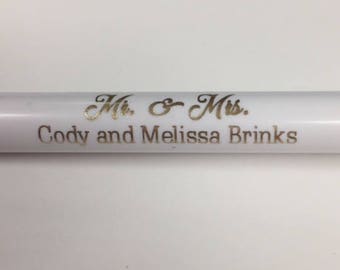 Personalized White Stick Pens w. Gold Lettering -- Best Wishes to the New Mr. & Mrs. - Free Shipping!