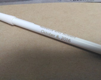 New! Personalized White Stick Pens with White Trim & Gold Imprint -- Perfect for Weddings! - Free Shipping!