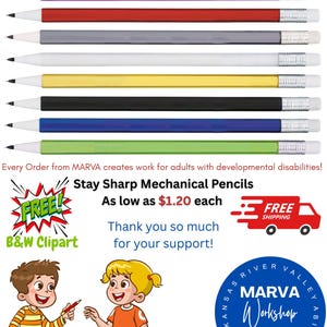 May include: Assortment of ten colorful mechanical pencils with white erasers. The pencils are arranged vertically, with the eraser ends aligned. The pencils are labeled "Stay Sharp Mechanical Pencils" and "As low as $1.20 each".