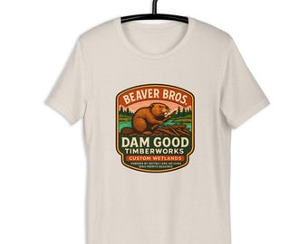 Beaver Graphic T-Shirt | Funny Wildlife Badge Tee | Beaver Bros Dam Good Timberworks
