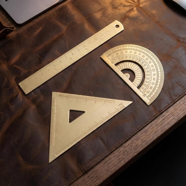 Vintage Gold Ruler, Protractor and Triangle - Drafting Tools for Engineers, Designers & Architects