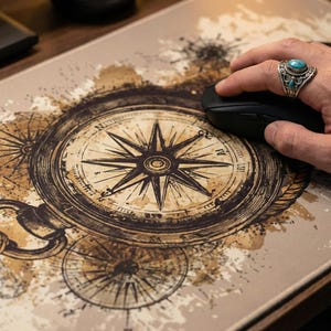 Skrivbordsmatta med vintage nautisk karta | XXL kompassmusmatta | Kontorsdekor för Dark Academia