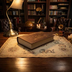 May include: A large, antique book with a worn, brown leather cover rests on a vintage map. The map features nautical illustrations and compass roses. The scene is set in a library with a brass lamp, globe, and a gramophone.