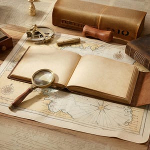 Op de afbeelding: Een open notitieboek met verouderde pagina's ligt op een vintage kaart, samen met een vergrootglas, een sextant en een leren etui. De scène suggereert verkenning en ontdekking, met een warm kleurenpalet.
