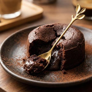 Puede incluir: Un pastel de lava de chocolate en un plato oscuro con cacao en polvo. Una cuchara dorada con un diseño de hoja está sacando una porción del pastel, revelando el centro de chocolate derretido. El postre está sobre una superficie de madera.