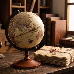 Może przedstawiać: Globus w stylu vintage z kremową mapą, osadzony na ciemnobrązowej drewnianej podstawie. Globus jest trzymany przez czarną metalową ramę. Obok stos starych listów związanych sznurkiem i czerwoną pieczęcią woskową.