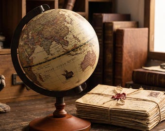 Solid Wood World Globe, Vintage Wooden Desktop, Antique Earth Map, Dark Academia Decor