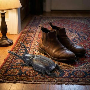 May include: A decorative, dark metal beetle sculpture with outstretched antennae and legs rests on a patterned rug. A pair of brown leather Chelsea boots are positioned behind the sculpture. A lamp with a dark brown base is in the background.