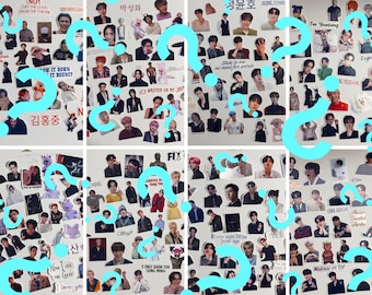 May include: A collection of numerous small, individual stickers featuring various portraits of young men, some with text overlays including phrases like "I'm Yeosang," "Legacy," "Slide to me no need for words," and "Maknae on top," arranged in a grid.