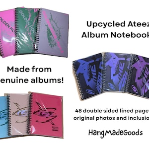 May include: A collection of spiral-bound notebooks created from Ateez albums. The notebooks feature various colors including pink, green, grey, blue, and purple with graphic designs and text like Golden Hour, The World, and Outlaw. Each has 48 lined pages.
