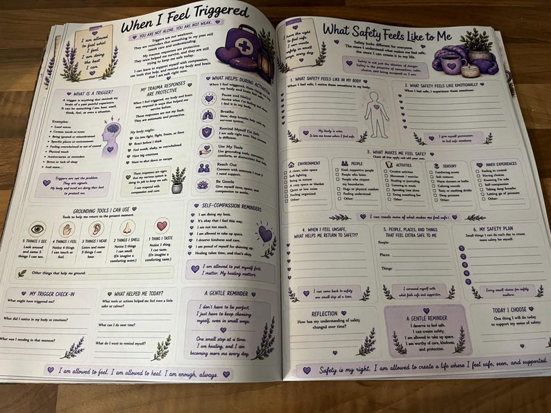 May include: An open mental health workbook with two pages titled When I Feel Triggered and What Safety Feels Like to Me. The pages feature purple text, illustrations of a first aid kit, lavender, and a human outline, with fillable sections.