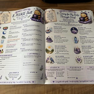 May include: An open educational workbook page featuring the PLEASE skill and Caring for My Body Through Grief sections. The layout includes illustrations of a bee, text, checklists, and writing prompts with a purple and cream color scheme.