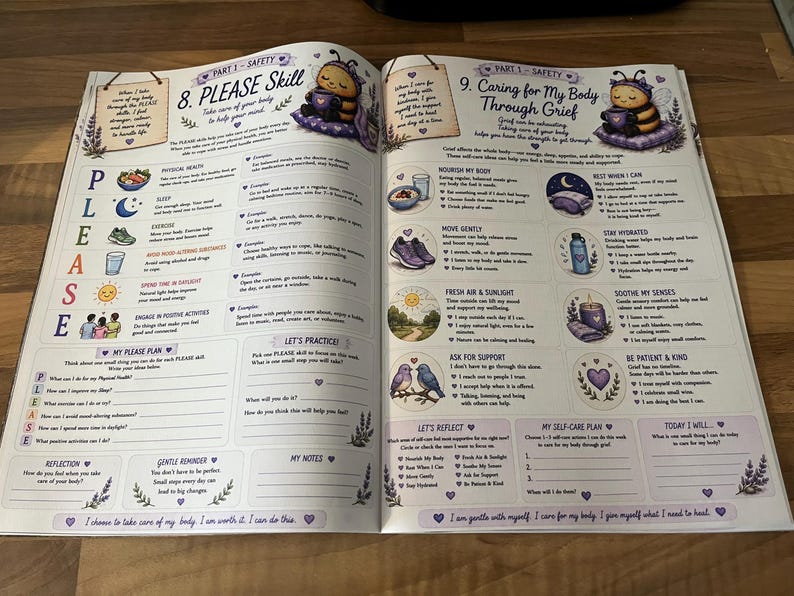 May include: An open educational workbook page featuring the PLEASE skill and Caring for My Body Through Grief sections. The layout includes illustrations of a bee, text, checklists, and writing prompts with a purple and cream color scheme.