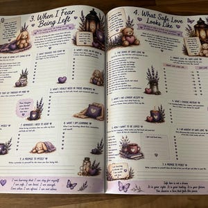 May include: An open workbook featuring two pages titled When I Fear Being Left and What Safe Love Looks Like. The pages contain printed text, checklists, and illustrations of teddy bears, lavender sprigs, lanterns, and purple hearts.