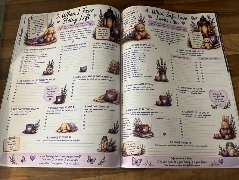 May include: An open workbook featuring two pages titled When I Fear Being Left and What Safe Love Looks Like. The pages contain printed text, checklists, and illustrations of teddy bears, lavender sprigs, lanterns, and purple hearts.