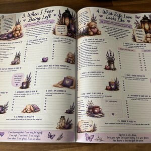 May include: An open workbook page titled 3. When I Fear Being Left and 4. What Safe Love Looks Like. The pages feature purple-toned illustrations of teddy bears, lavender, candles, and lanterns, with printed prompts, checklists, and blank lines.