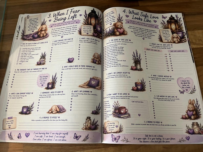 May include: An open workbook page titled 3. When I Fear Being Left and 4. What Safe Love Looks Like. The pages feature purple-toned illustrations of teddy bears, lavender, candles, and lanterns, with printed prompts, checklists, and blank lines.