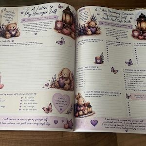 May include: An open journal page titled 5. A Letter to My Younger Self and 6. I Am Becoming Someone My Younger Self Would Feel Safe With. The pages feature illustrations of teddy bears, rabbits, lavender, lanterns, and butterflies in purple tones.