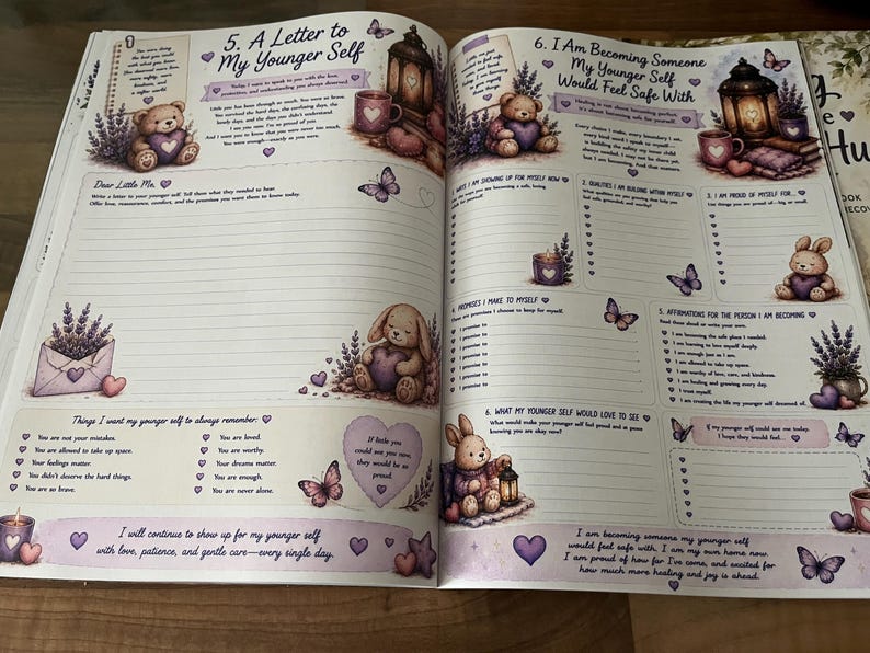 May include: An open journal page titled 5. A Letter to My Younger Self and 6. I Am Becoming Someone My Younger Self Would Feel Safe With. The pages feature illustrations of teddy bears, rabbits, lavender, lanterns, and butterflies in purple tones.