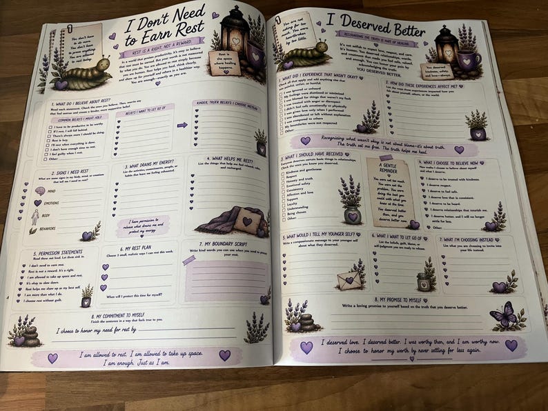 May include: An open workbook with two pages titled I Don't Need to Earn Rest and I Deserved Better. The pages feature illustrations of caterpillars, lanterns, lavender, and butterflies, with various prompts, checklists, and blank lines for writing.