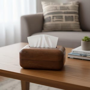 Op de afbeelding: Een rechthoekige houten tissuebox in een warme bruine tint, met witte tissues die eruit steken. De box staat op een houten tafel. Op de achtergrond zijn een bank en een sierkussen te zien. Afgeronde randen.