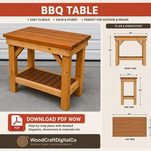 Peut inclure: Table de barbecue en bois avec un plateau à lattes et une étagère inférieure. La table est en bois brun clair et mesure 91 cm de large, 51 cm de profondeur et 86 cm de haut. Le texte "BBQ TABLE" est inclus.