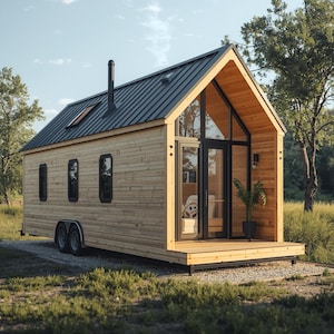 May include: A compact, contemporary tiny house on wheels. It has light wood cladding, a black metal roof, and large glass doors. The house includes a small porch and is situated in a grassy area with trees.