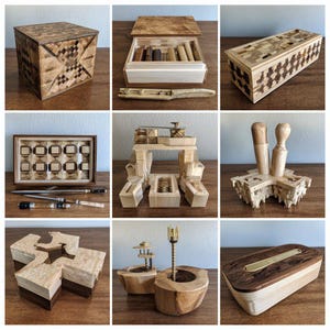 Op de afbeelding: Een verzameling handgemaakte houten dozen en decoratieve objecten. De items hebben ingewikkelde geometrische patronen, waaronder een kubusvormige doos, een rechthoekige doos met een schuifdeksel en een display met meerdere compartimenten.