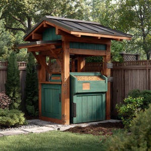 May include: A wooden outdoor storage unit with a green door and a dark metal roof. The structure is made of natural wood and green painted panels. The unit is designed for outdoor use and is surrounded by greenery.