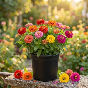 May include: A vibrant pot of zinnias in full bloom, showcasing a spectrum of colors including red, orange, pink, and yellow. The flowers are in a black pot, with a few blooms resting on a stone surface. The background is a soft, blurred garden scene.