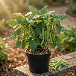 May include: A potted green bean plant with vibrant green leaves and long, slender green beans. The plant is in a black pot, sitting on a wooden bench. A small pile of green beans rests on the bench next to the pot.