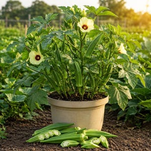 May include: A potted okra plant with green leaves and yellow flowers with red centers. Several green okra pods are visible on the plant and some are cut open and arranged in front of the pot. The plant is in a beige pot, set in a garden.