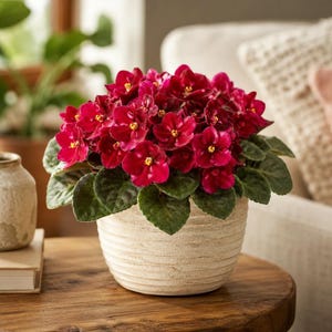 May include: A vibrant African violet plant with numerous deep magenta flowers featuring bright yellow centers, nestled in a textured, off-white ceramic pot with horizontal ridges. The plant has thick, dark green, fuzzy, rounded leaves.