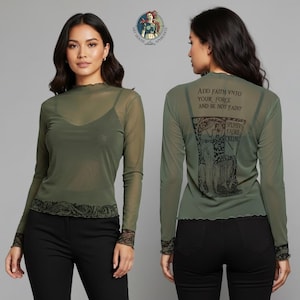 The Faerie Queene Green Sheer Mesh Top | Long Sleeve Floral Vine Detail | Back Graphic Quote | Literary Inspired Women's Blouse