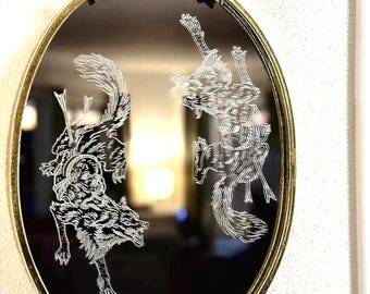 Hand Etched Wolf Mirror, Gothic Tattoo Style, Vintage Gold Frame Wall Decor