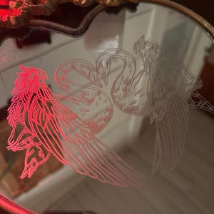 Hand Etched Swan Heart Mirror, Vintage Gold Frame, Gothic Romantic Wall Decor image 2