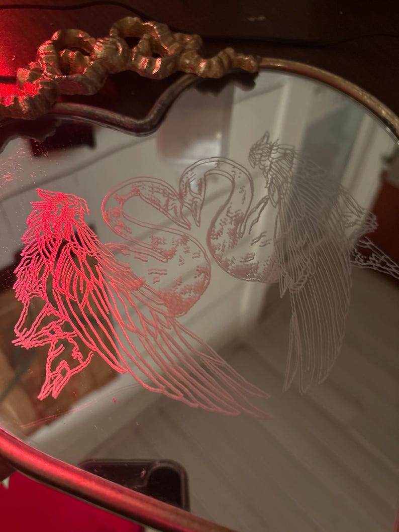 Hand Etched Swan Heart Mirror, Vintage Gold Frame, Gothic Romantic Wall Decor image 2